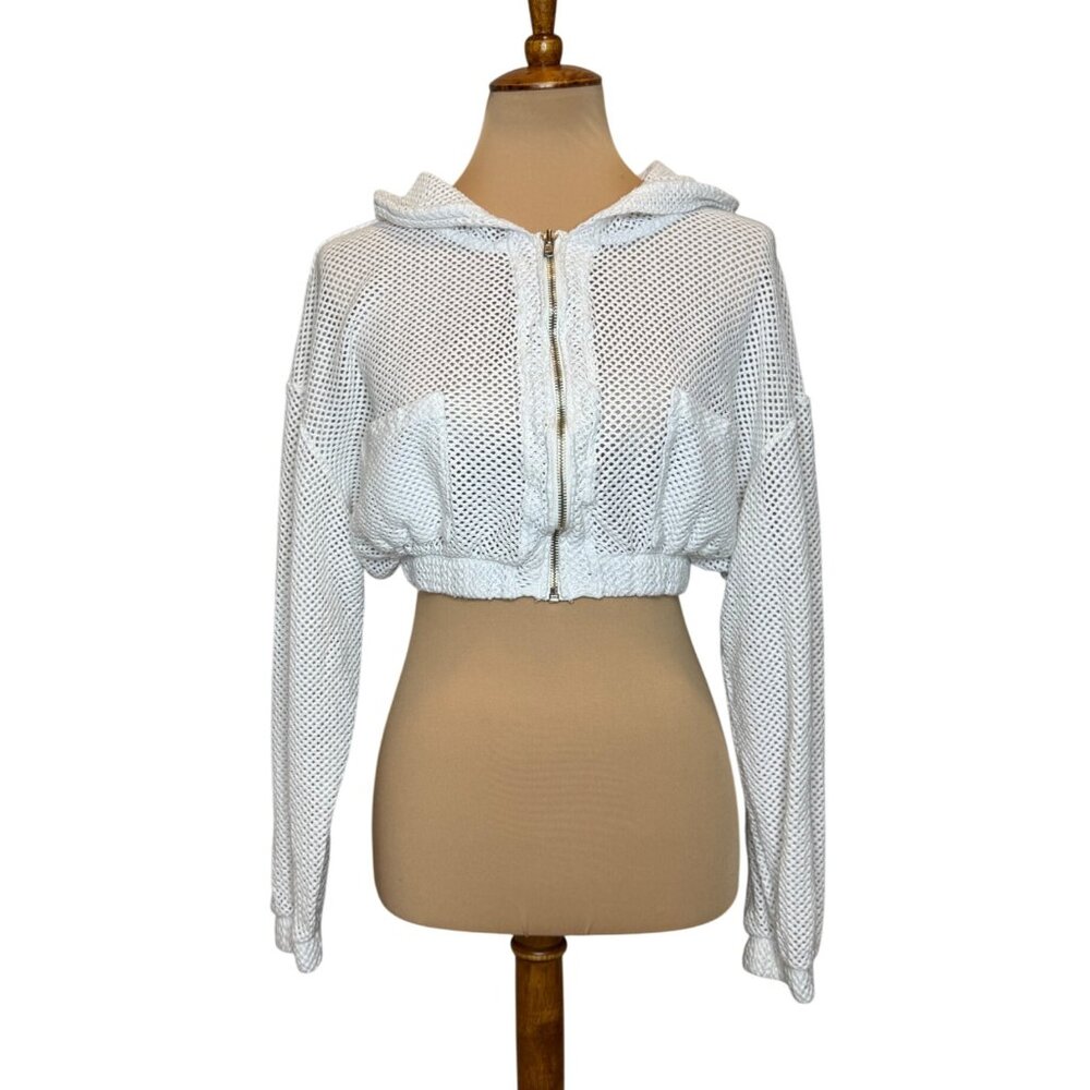 FP Movement by Free People White Cropped Mesh Zip Hoodie